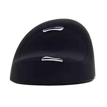 Ergonomic vertical wireless mouse by ErgoFinland, designed to reduce wrist strain and prevent RSI, in sleek black design.