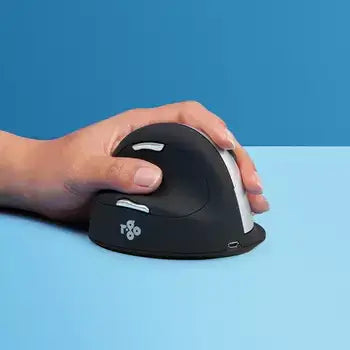 Ergonomic vertical R-Go He Mouse in use, relieving wrist strain, promoting natural posture, wireless design for comfortable productivity.