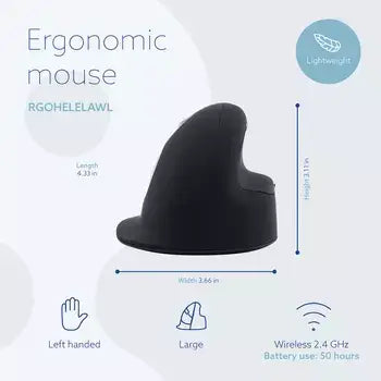 Ergonomic R-Go He Mouse, large right-hand wireless, with vertical design for natural posture; 2.4 GHz wireless and 50-hour battery.