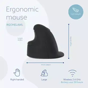 Ergonomic right-handed wireless mouse by ErgoFinland, vertical design reduces wrist strain, promotes comfort and productivity.