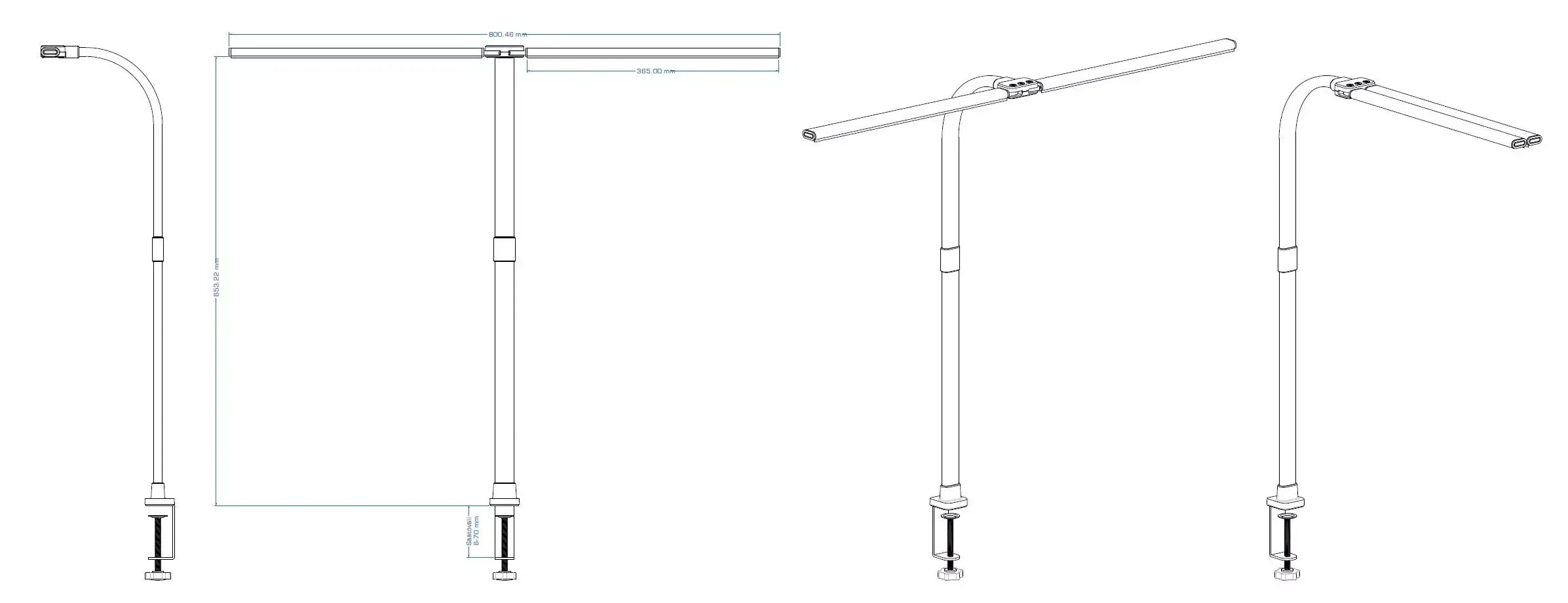 Diagram of adjustable dual-headed LED desk lamp showcasing flexible arm positions and mounting options.