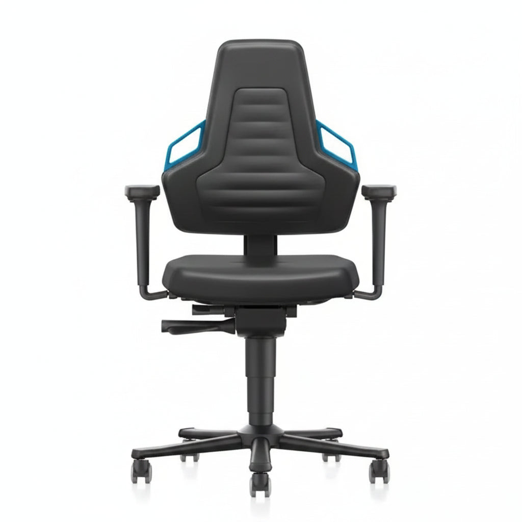 Nexxit work chair in black artificial leather with ergonomic design and adjustable features, ideal for industrial use.