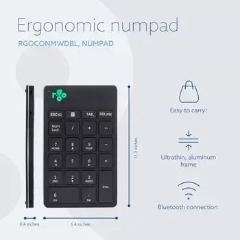 Ergo-R Black Bluetooth numeric keypad, ergonomic design, compact size, ultrathin aluminum frame for efficient and comfortable work.