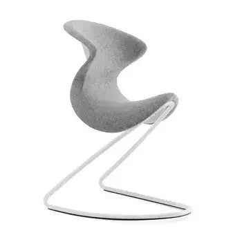 Oyo rocking chair in Luna light grey wool blend with ergonomic minimalist design and saddle-shaped seat for versatile seating solutions.