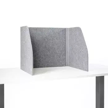 Grey foldable table screen with sound-absorbing fabric for enhanced privacy and noise reduction in office environments.