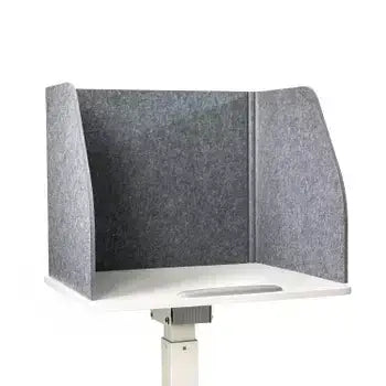 Foldable grey table screen with sound-absorbing fabric, ideal for productive workspaces and noise reduction.