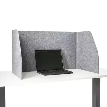 Grey foldable table screen with laptop, sound-absorbing fabric for productive workspace, no installation needed.