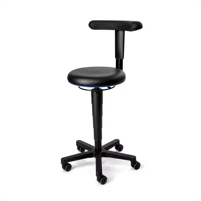 CleanErgo Stool with artificial leather seat on wheels, designed for ergonomic comfort in industrial environments by Bimos.