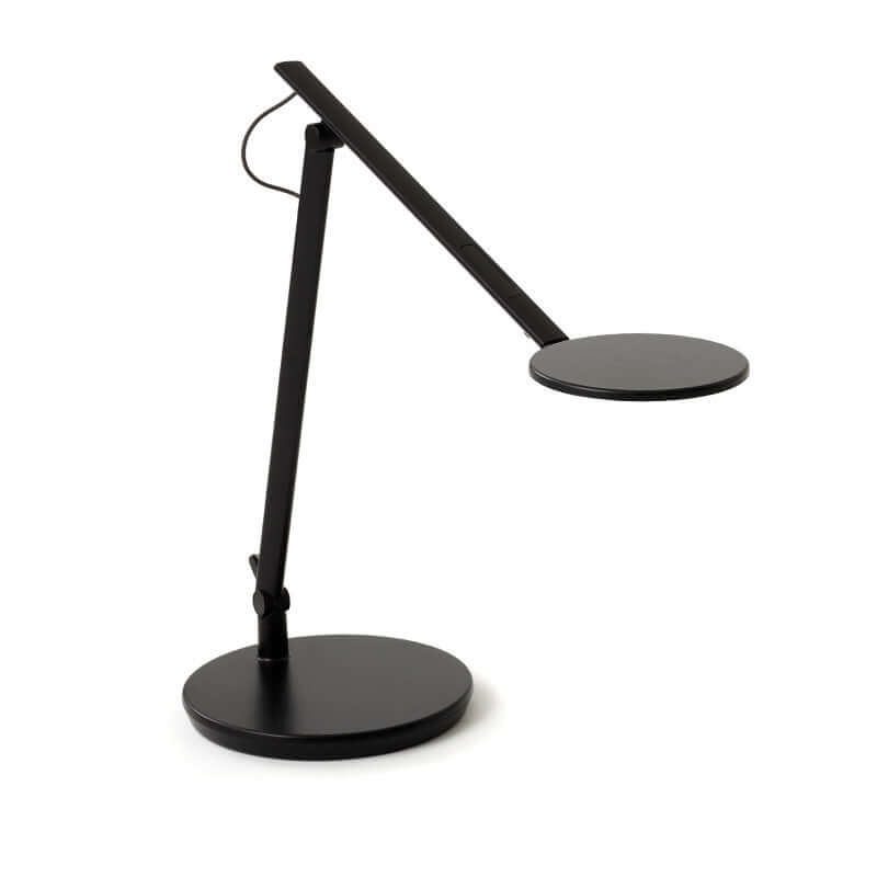 Black Nova desk lamp with adjustable LED light on desktop base, Energy Star-certified for glare-free illumination.