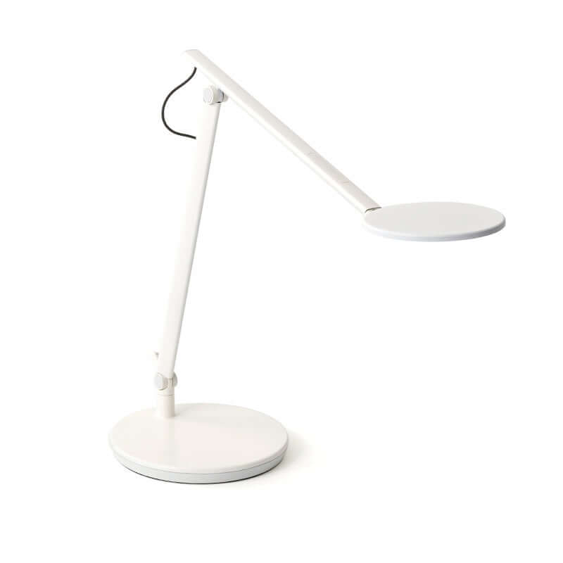 White Nova desk lamp with adjustable arm and desktop base, featuring energy-efficient LED light for glare-free illumination.