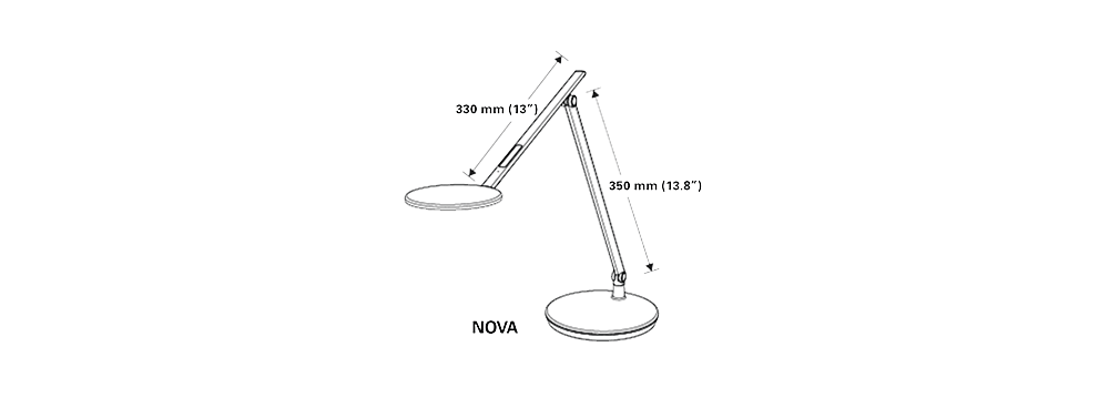 Diagram of Nova desk lamp with dimensions, showcasing adjustable arm and LED light design.