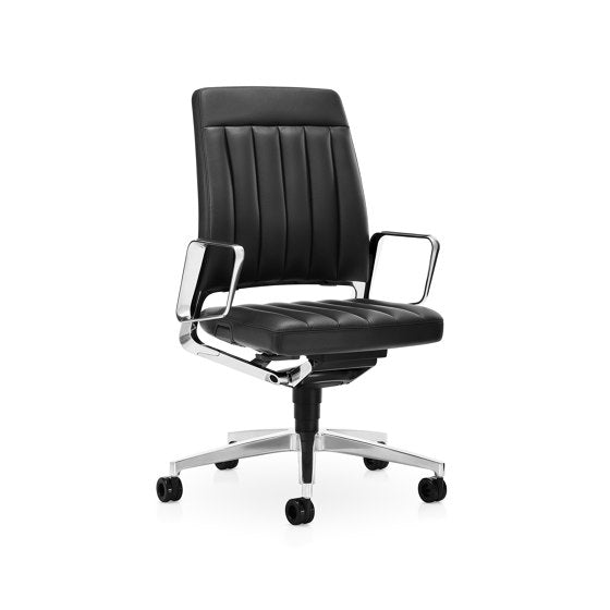 Black Interstuhl VINTAGEis5 office chair with ergonomic design and polished metal accents on wheels.