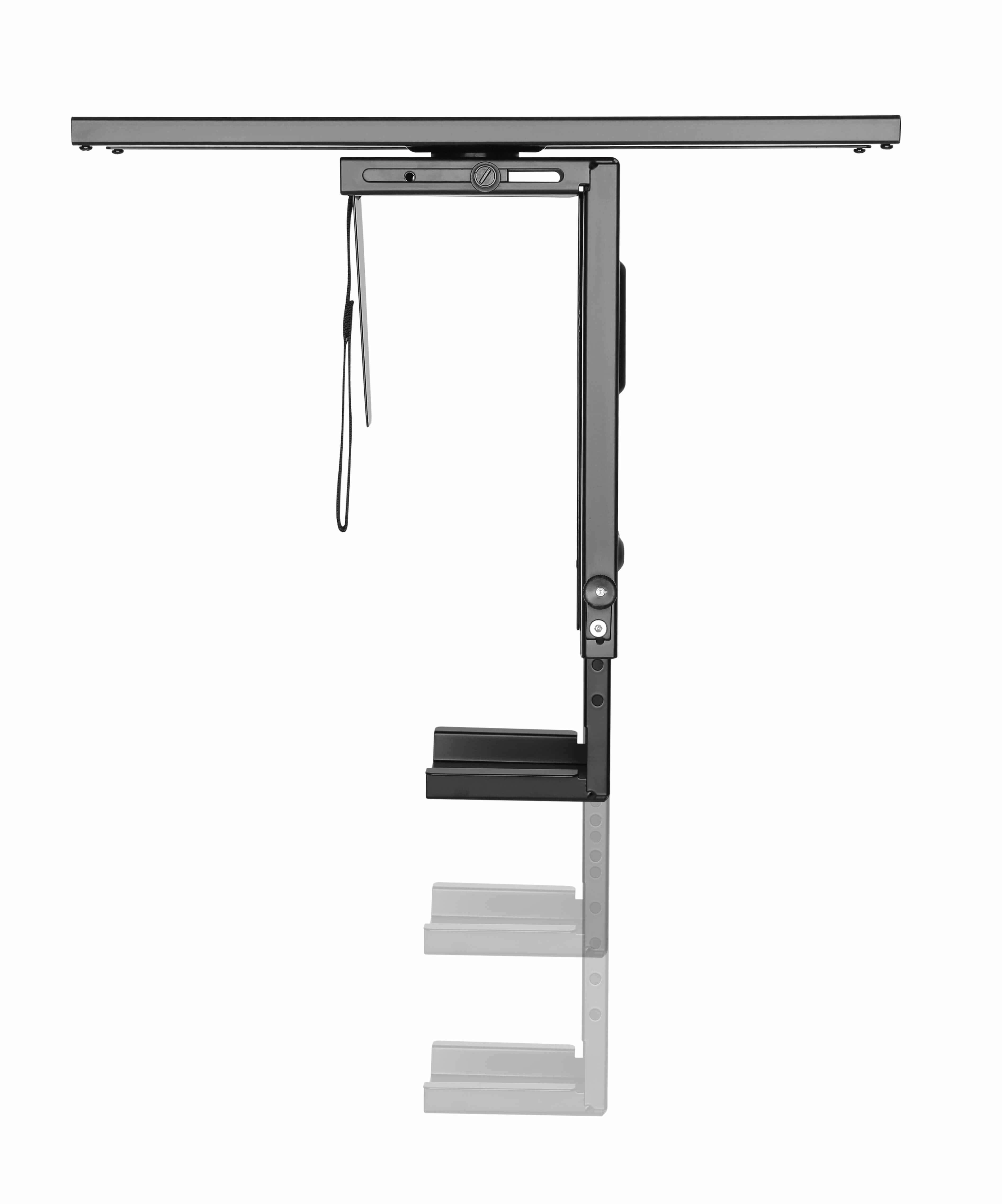 Black swivel CPU stand with secure under-desk installation, designed for organizing workspace and accommodating various device sizes.