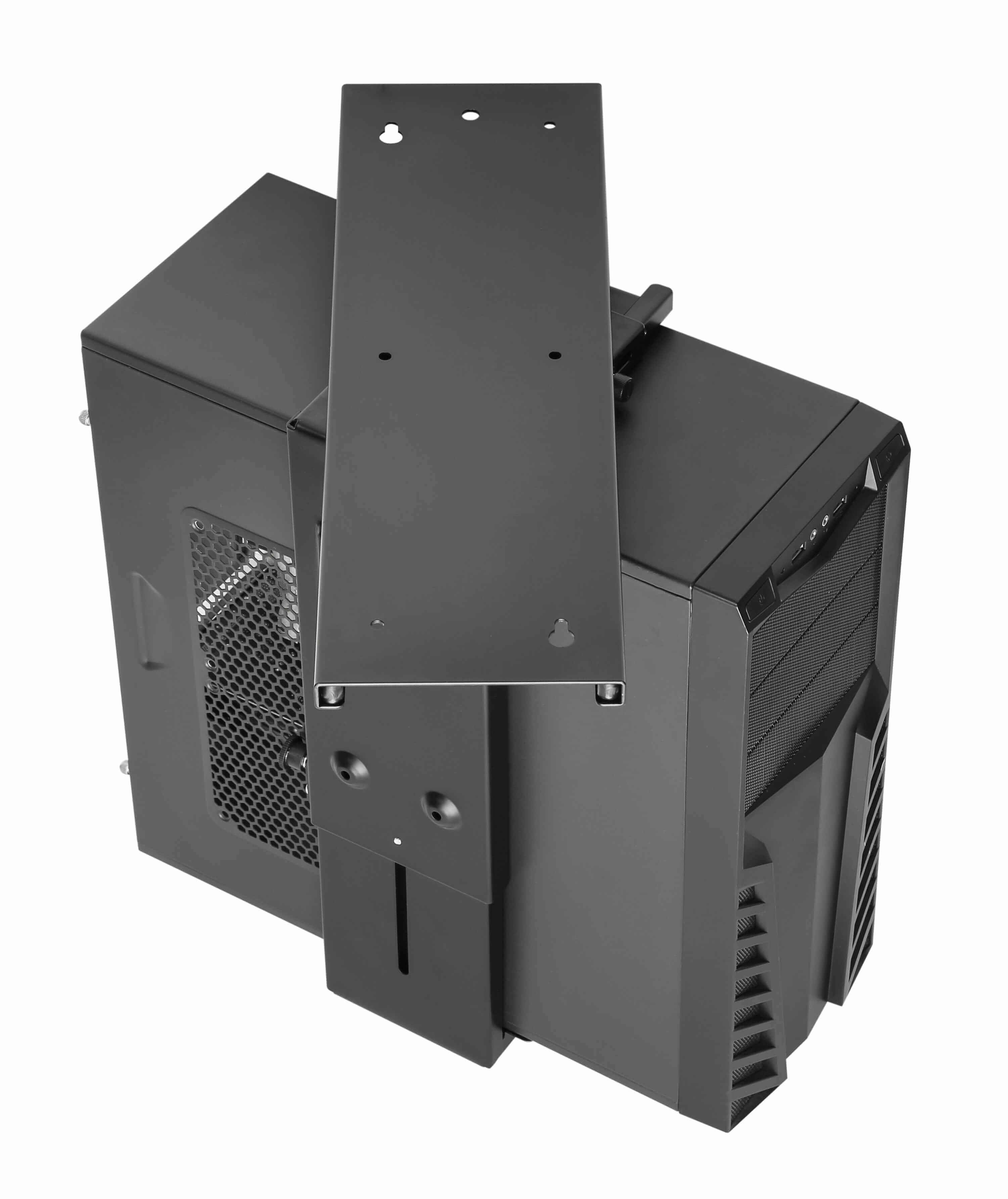 Black swivel CPU stand securely attached beneath a computer case, designed to organize and save desk space in a workspace.