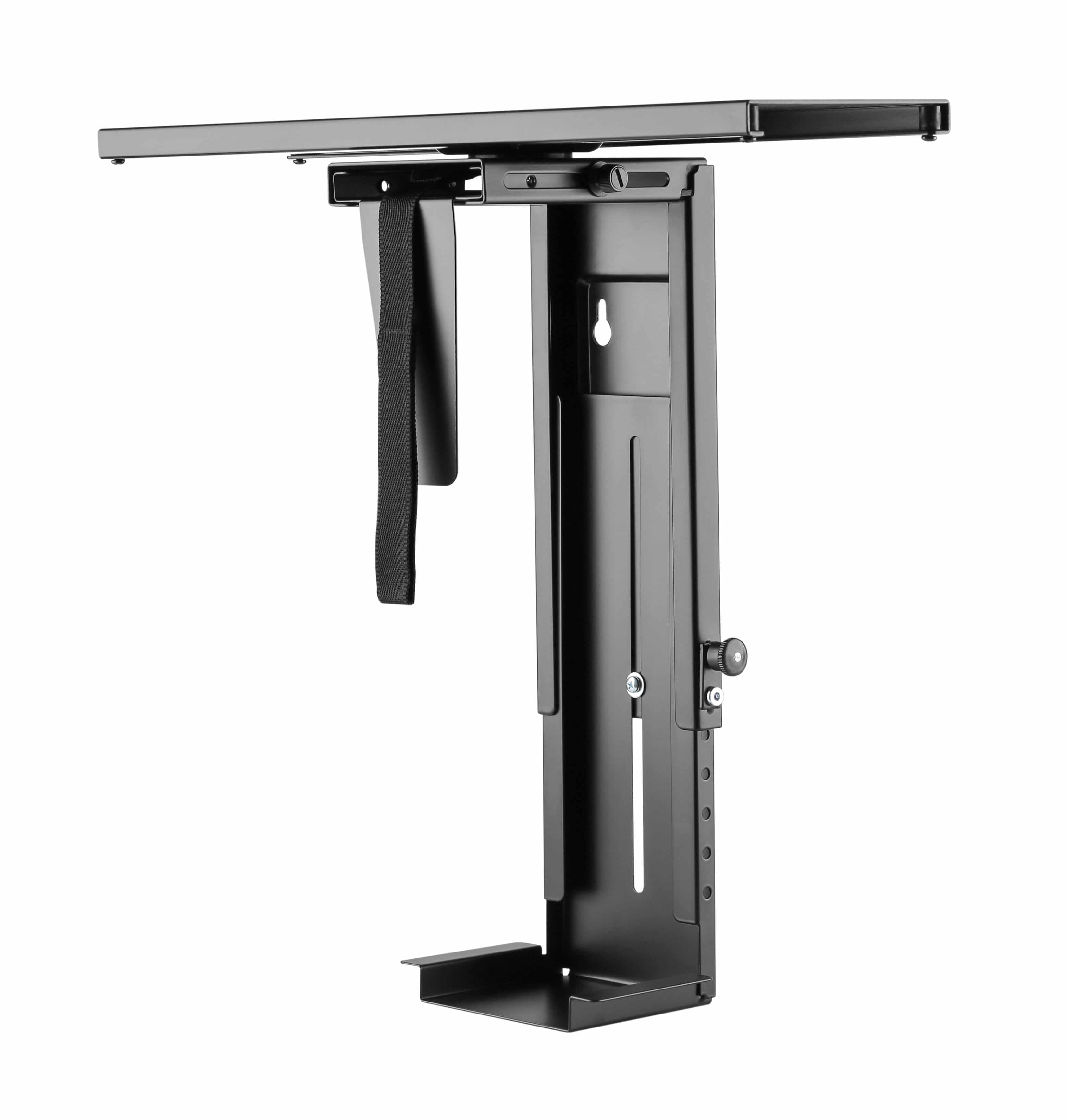 Sleek black CPU stand with swivel feature for desk organization and space-saving.