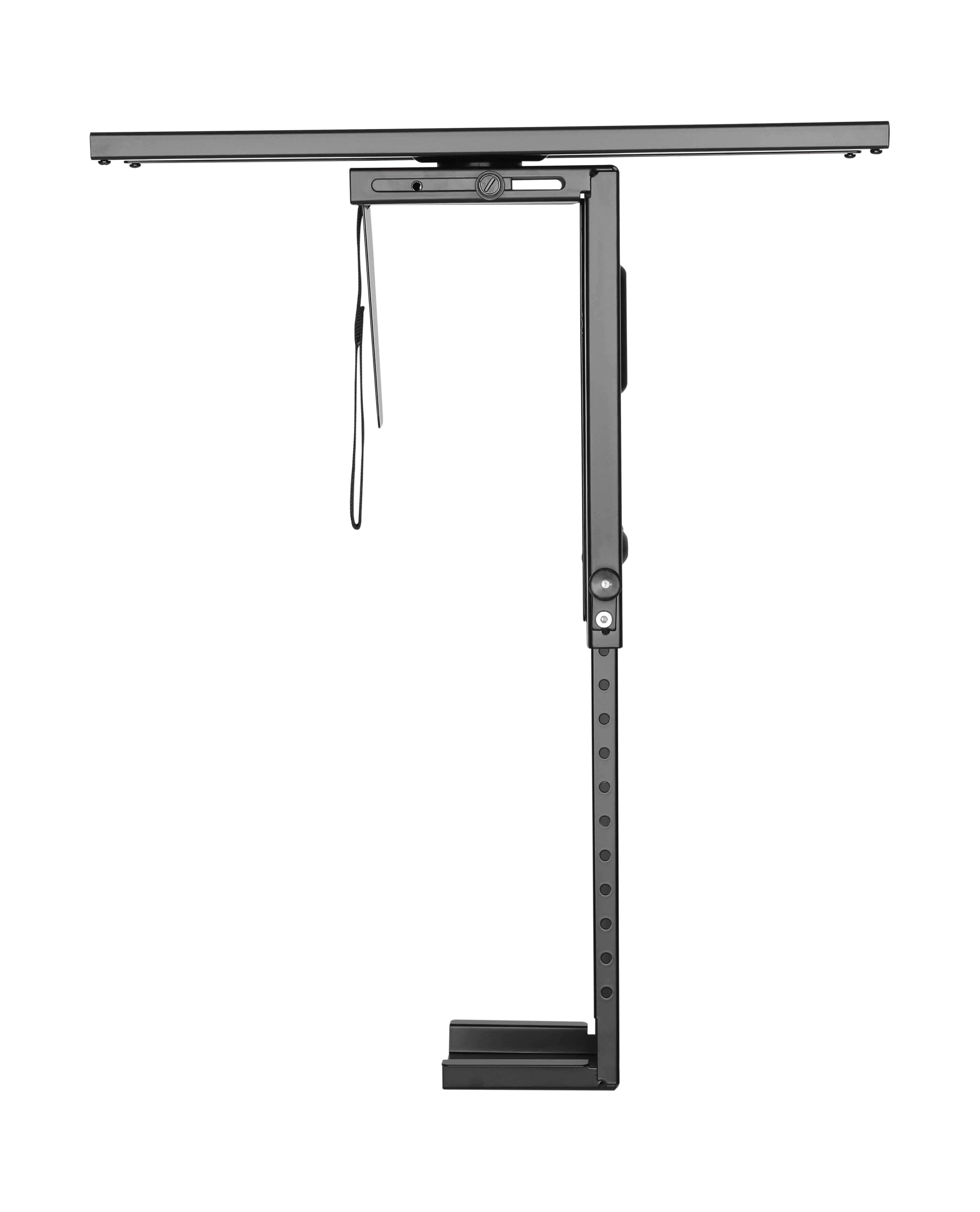 Black swivel CPU stand for desk organization, featuring easy installation and secure construction for devices with 90 mm minimum width.