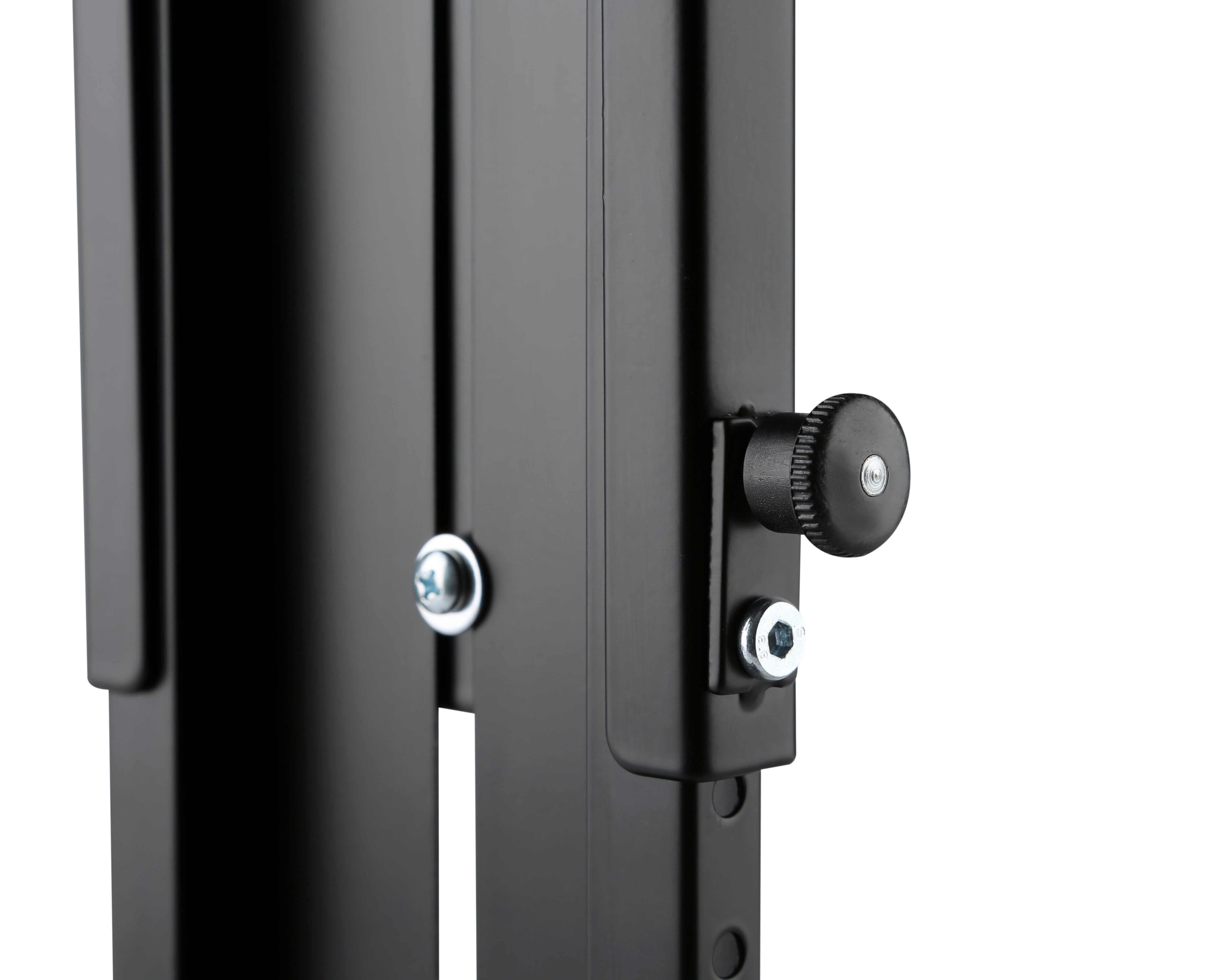 Black swivel CPU stand detail showing secure metal construction and adjustment knob for workspace organization.