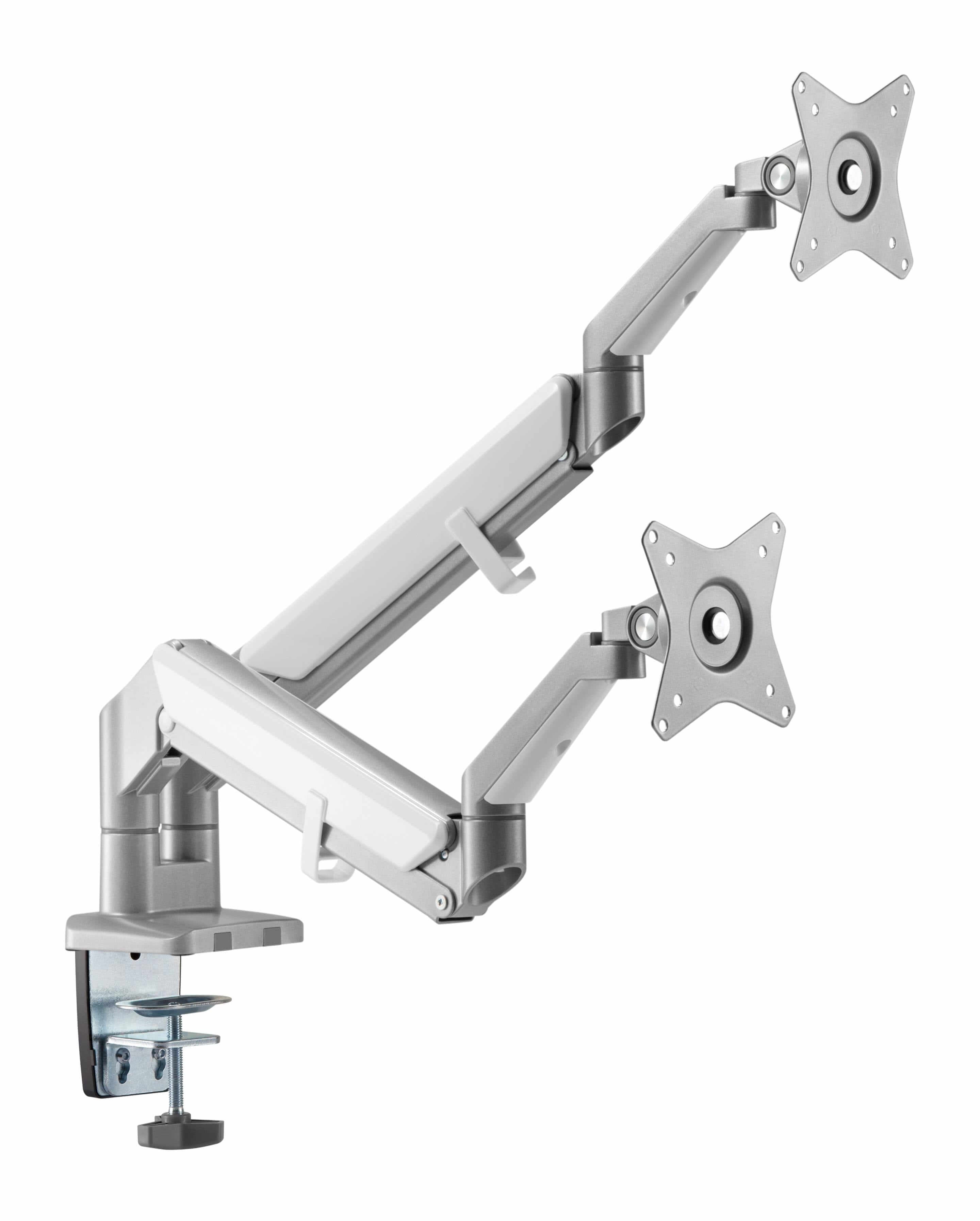 Dual monitor arm with gas spring in grey, designed for stability and efficiency in professional workspaces.