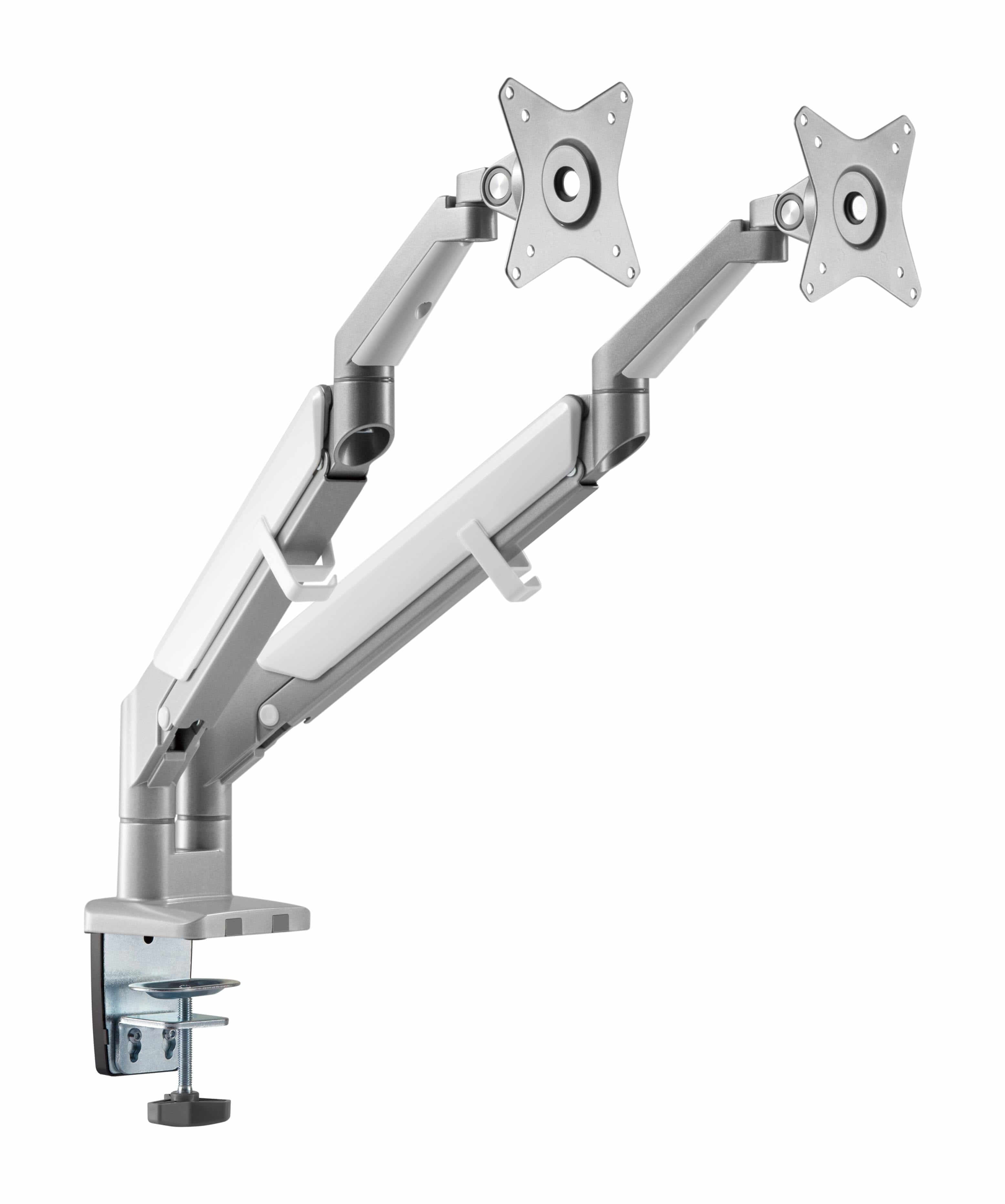 Grey dual monitor arm with gas spring for two screens, enhancing workspace stability and efficiency with a sleek design.