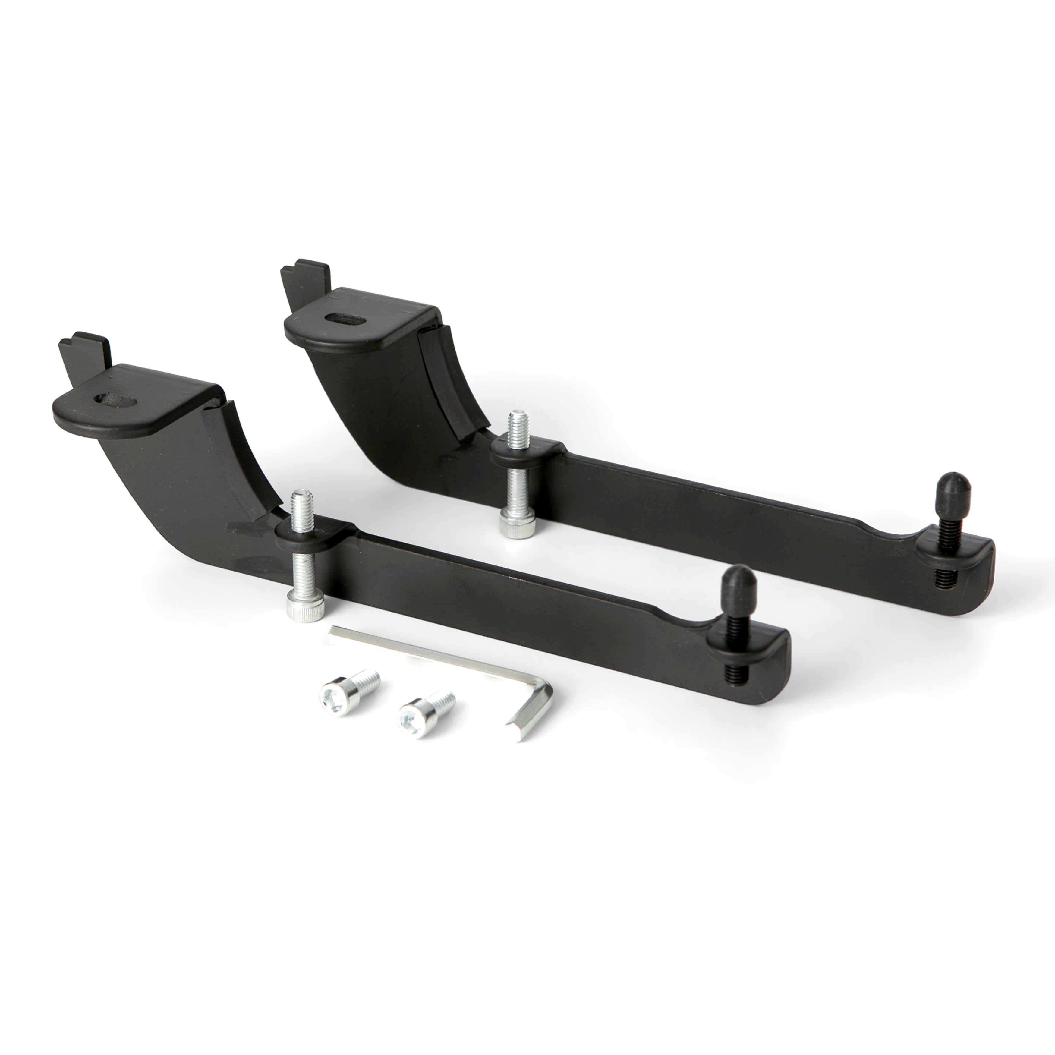 Ergonomic 2-part armrest attachments with screws for secure desk fit, in faux leather or lycra, compatible with keyboards and mice.