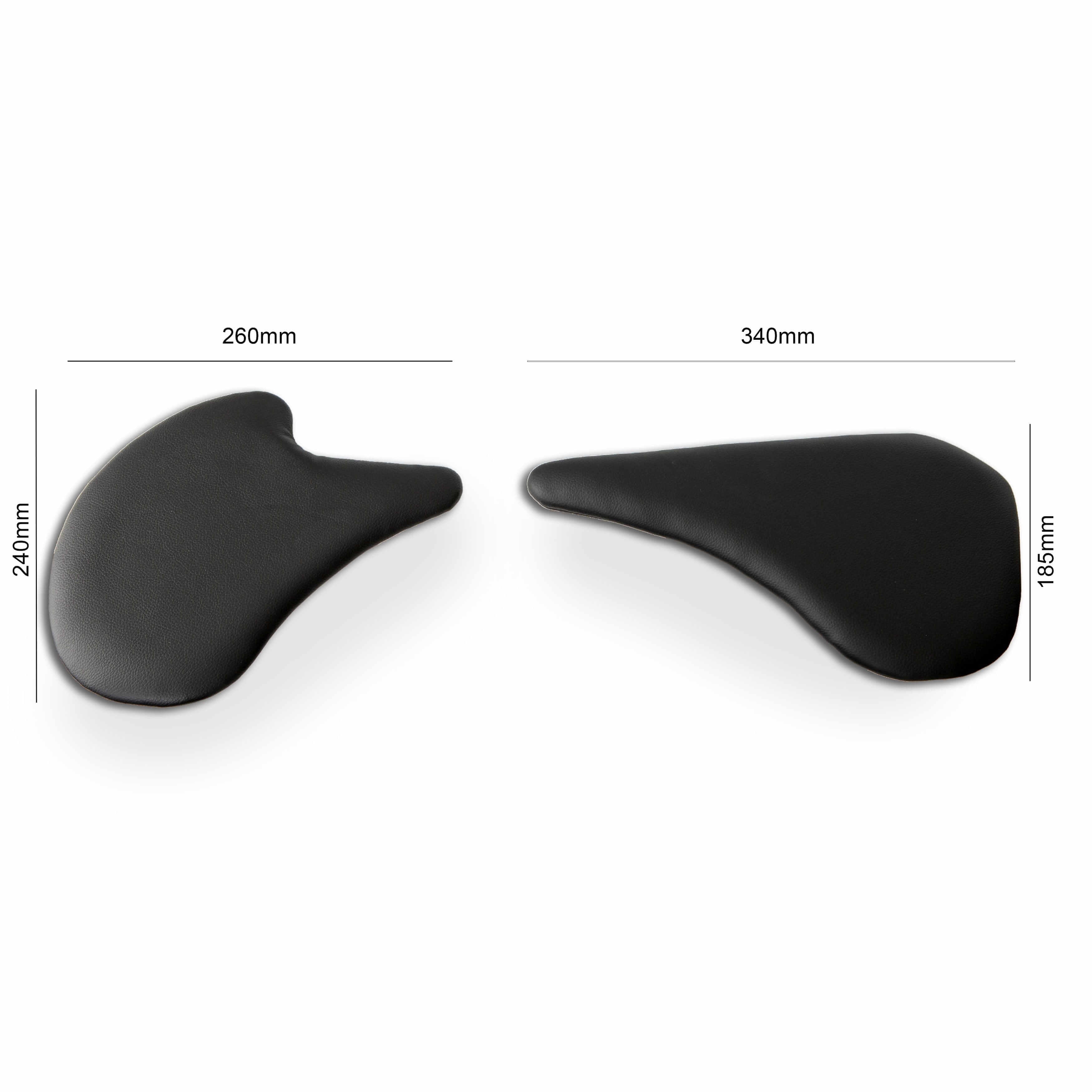 Two-piece ergonomic armrest in artificial leather with dimensions 260mm x 240mm and 340mm x 185mm, black color.