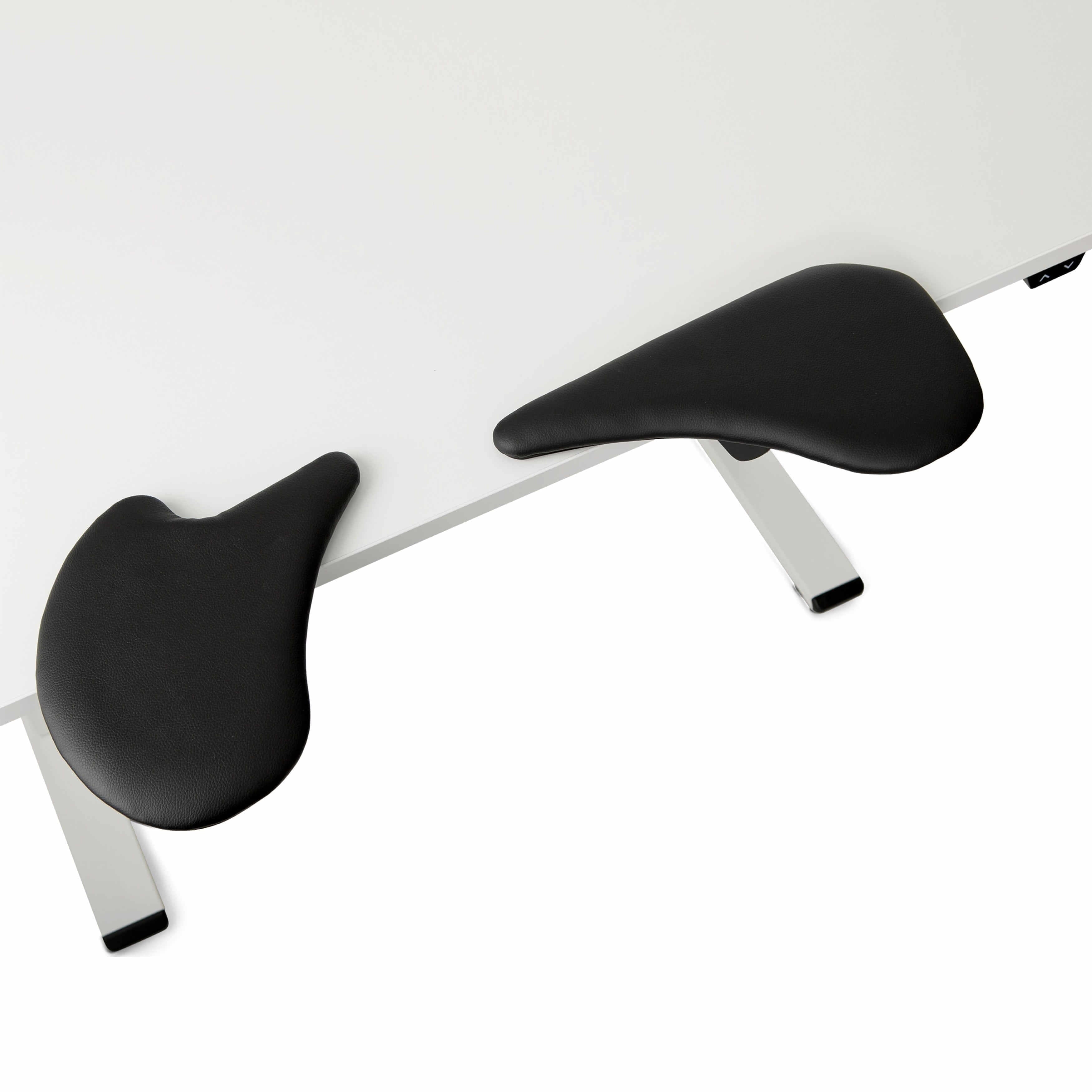 Ergonomic 2-part armrest in black faux leather attached to a desk, designed for customizable support and comfort.