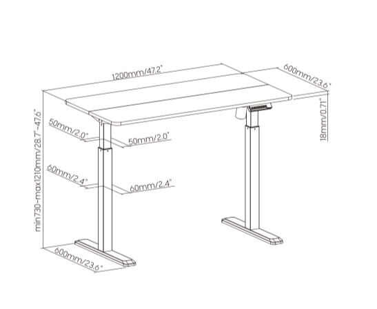 Diagram of GetUpDesk Elite electric adjustable desk in white, showing detailed dimensions and frame design for quick assembly.