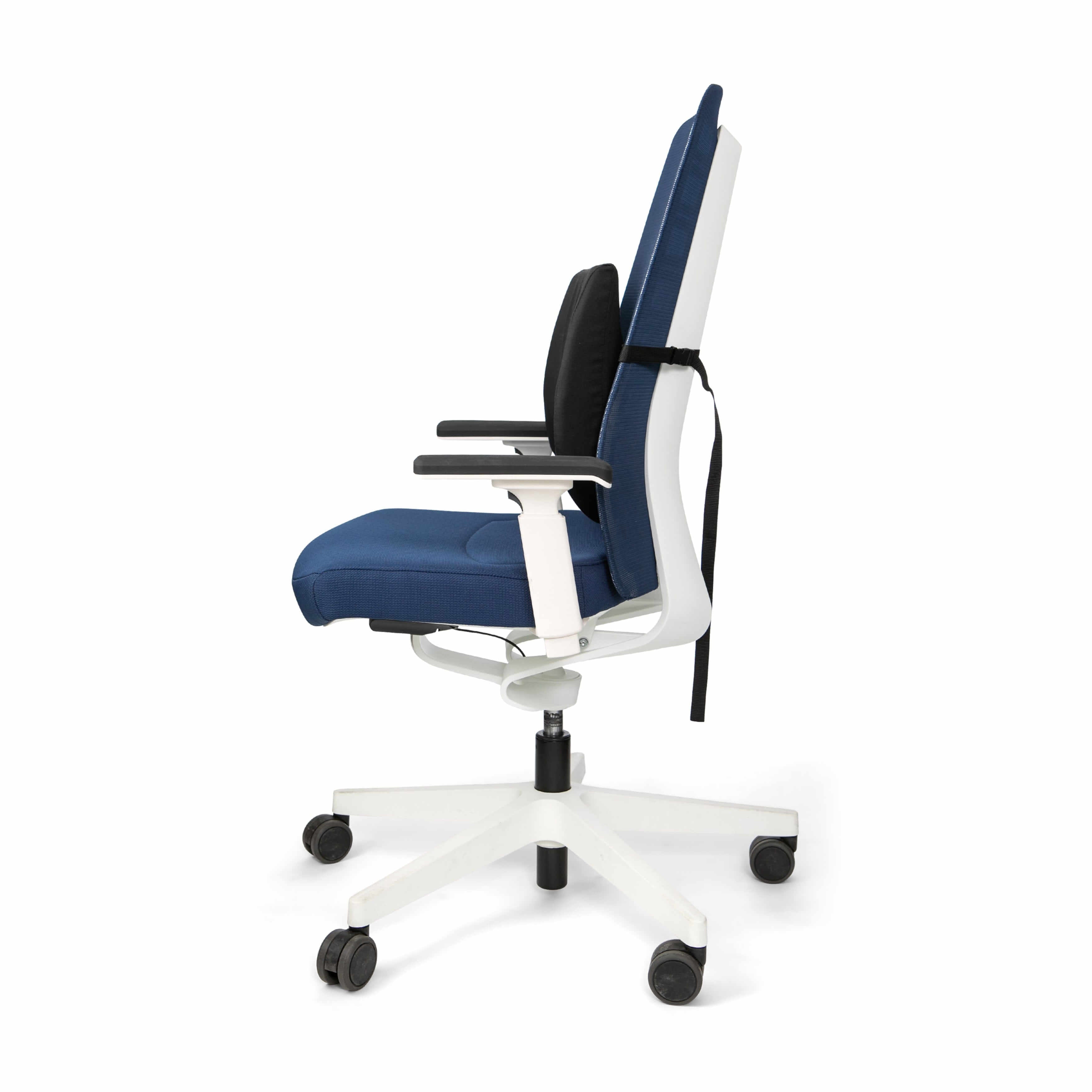 Ergonomic Deluxe Back Support Cushion on office chair for optimal spine alignment and comfort during long sitting sessions.