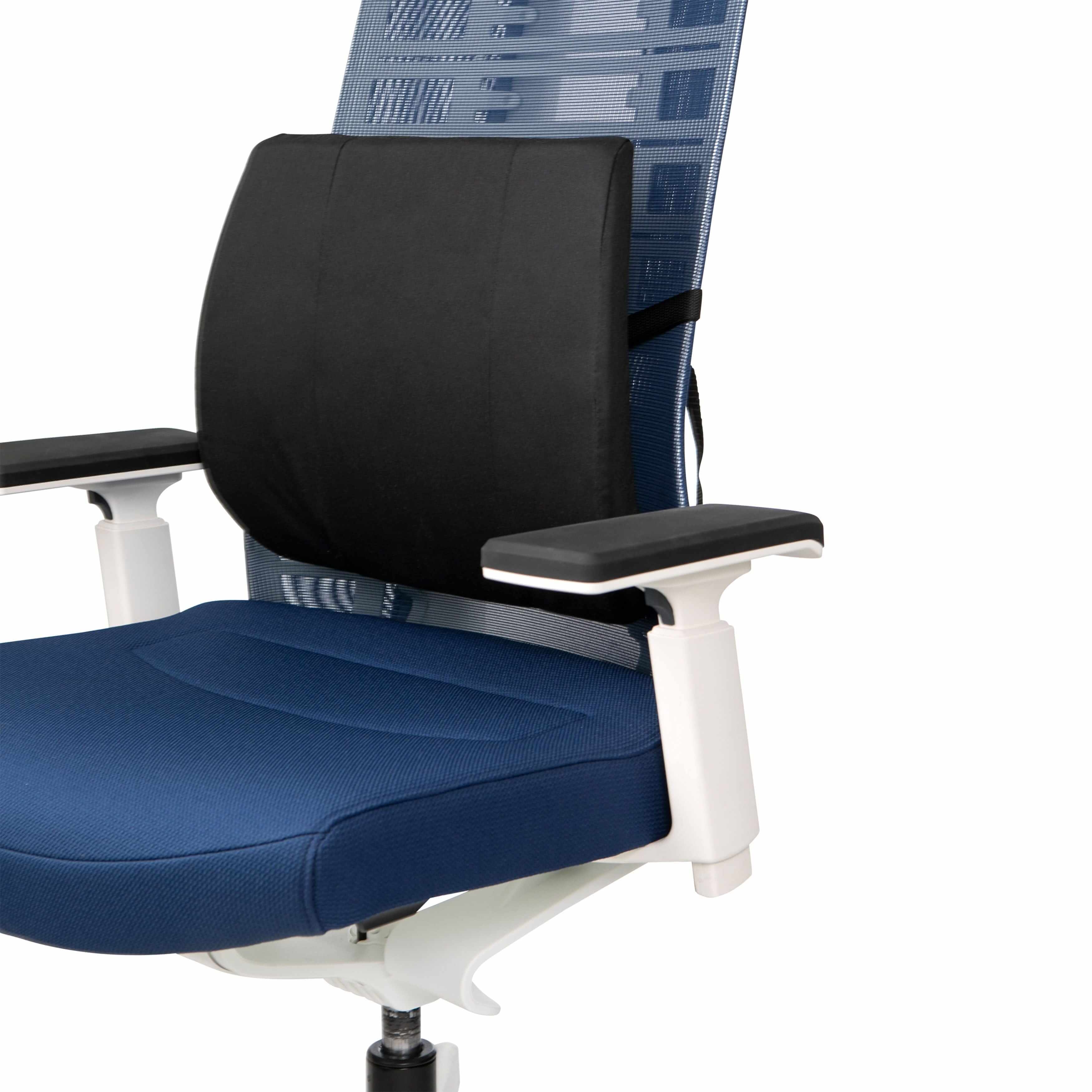 Deluxe back support cushion on office chair for ergonomic comfort and posture relief during extended sitting periods.