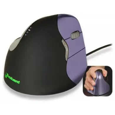 Evoluent V4 Small vertical mouse, ergonomic design, wired, black and purple, with innovative handle for wrist comfort