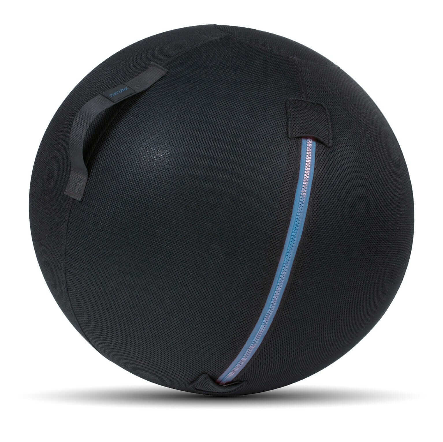 Ergonomic GetUpBall office ball, black, 65 cm, with removable cover and handle for easy cleaning and improved posture while sitting.