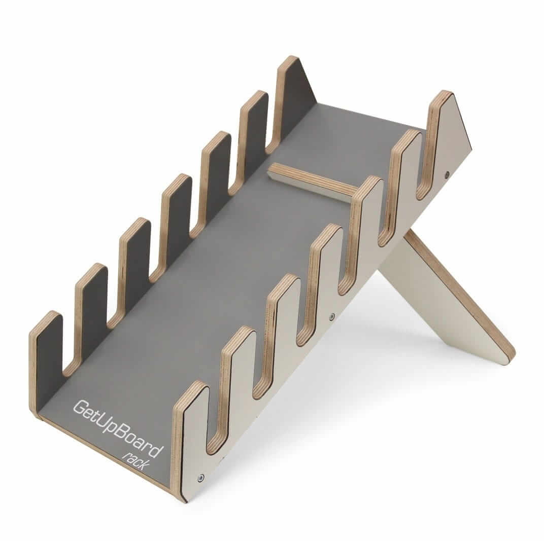 Gymba activation board rack for organizing up to 6 boards in an ergonomic, office-friendly design.