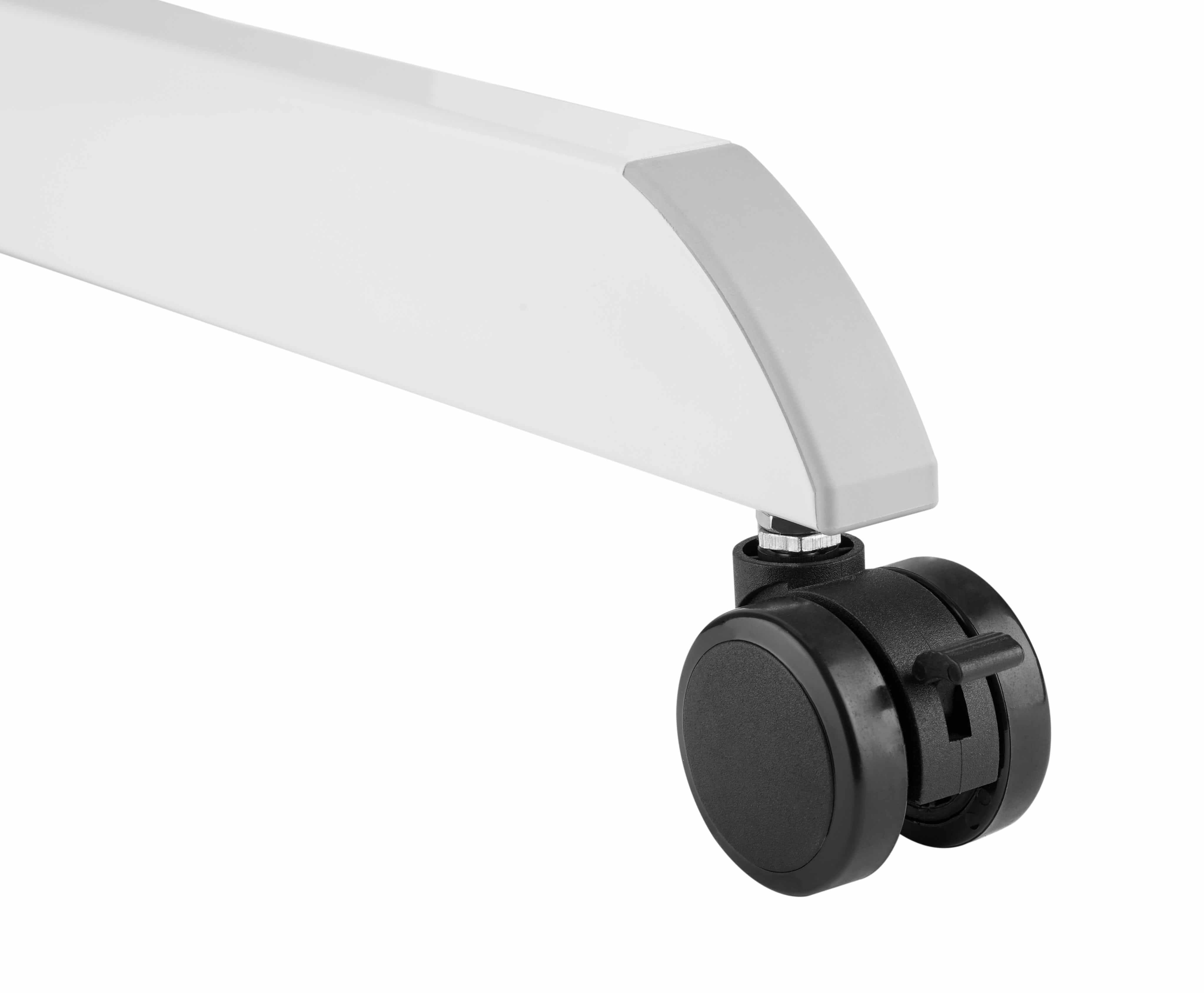 Close-up of GetUpDesk Tilt adjustable desk's caster wheel with locking mechanism for stability and mobility.