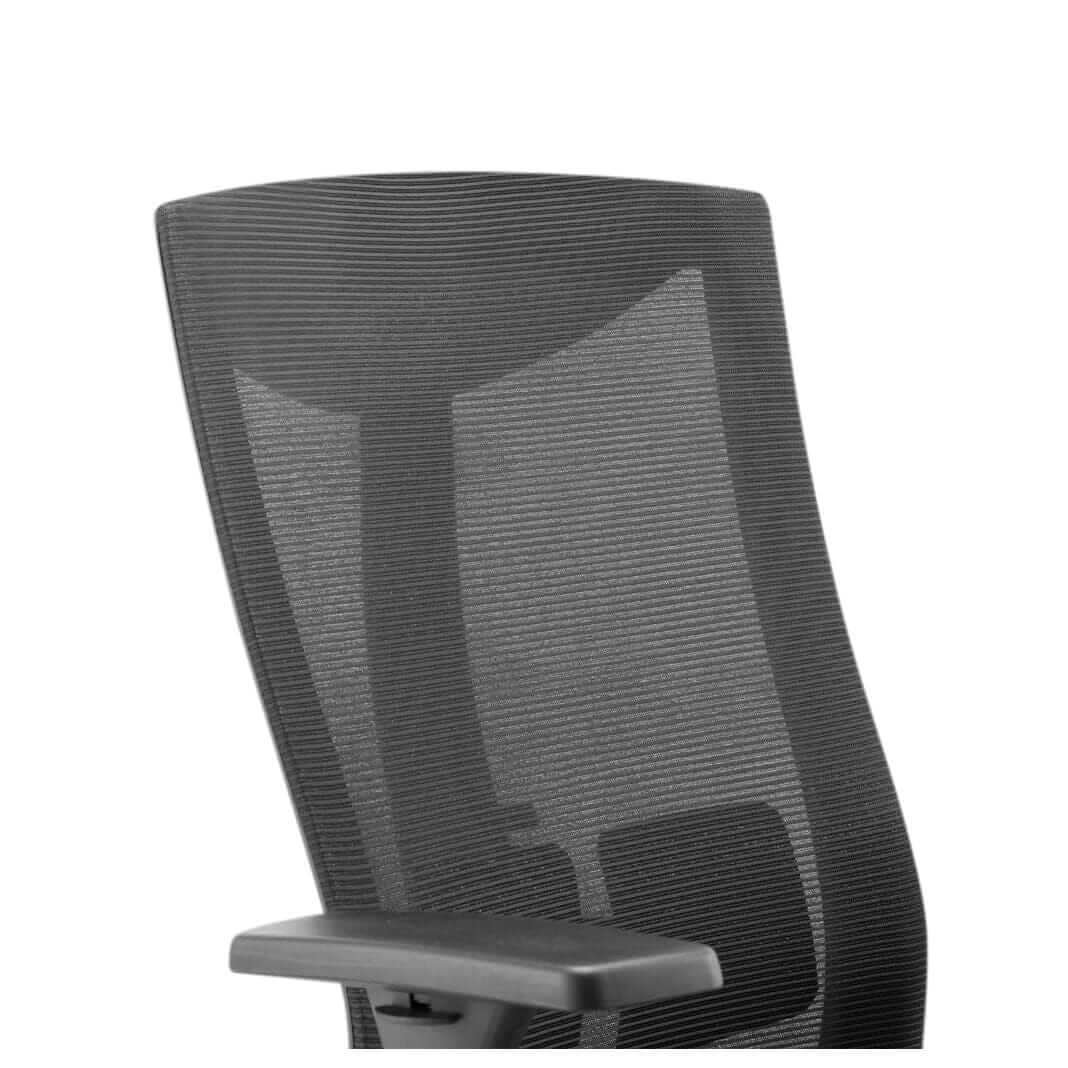 Ergonomic backrest of Kasper Comfort office chair with breathable mesh and adjustable armrest for optimal support.