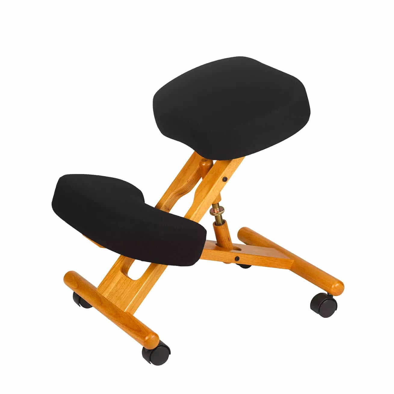 Ergonomic knee chair with black cushion and wooden frame, designed for spinal alignment and reducing back discomfort.