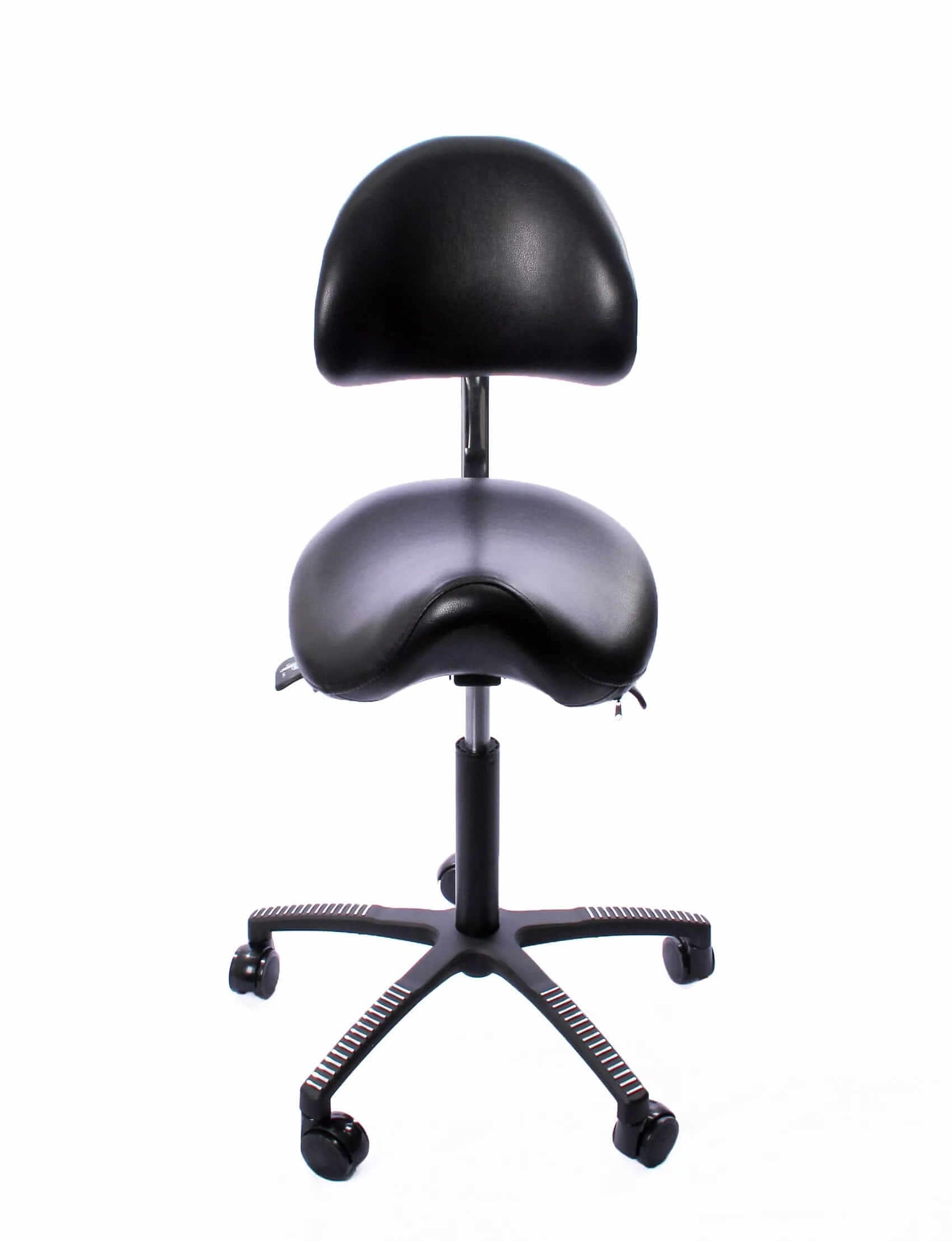 Lenni saddle chair with back support in black artificial leather, ergonomic design with adjustable seat and backrest for comfort.