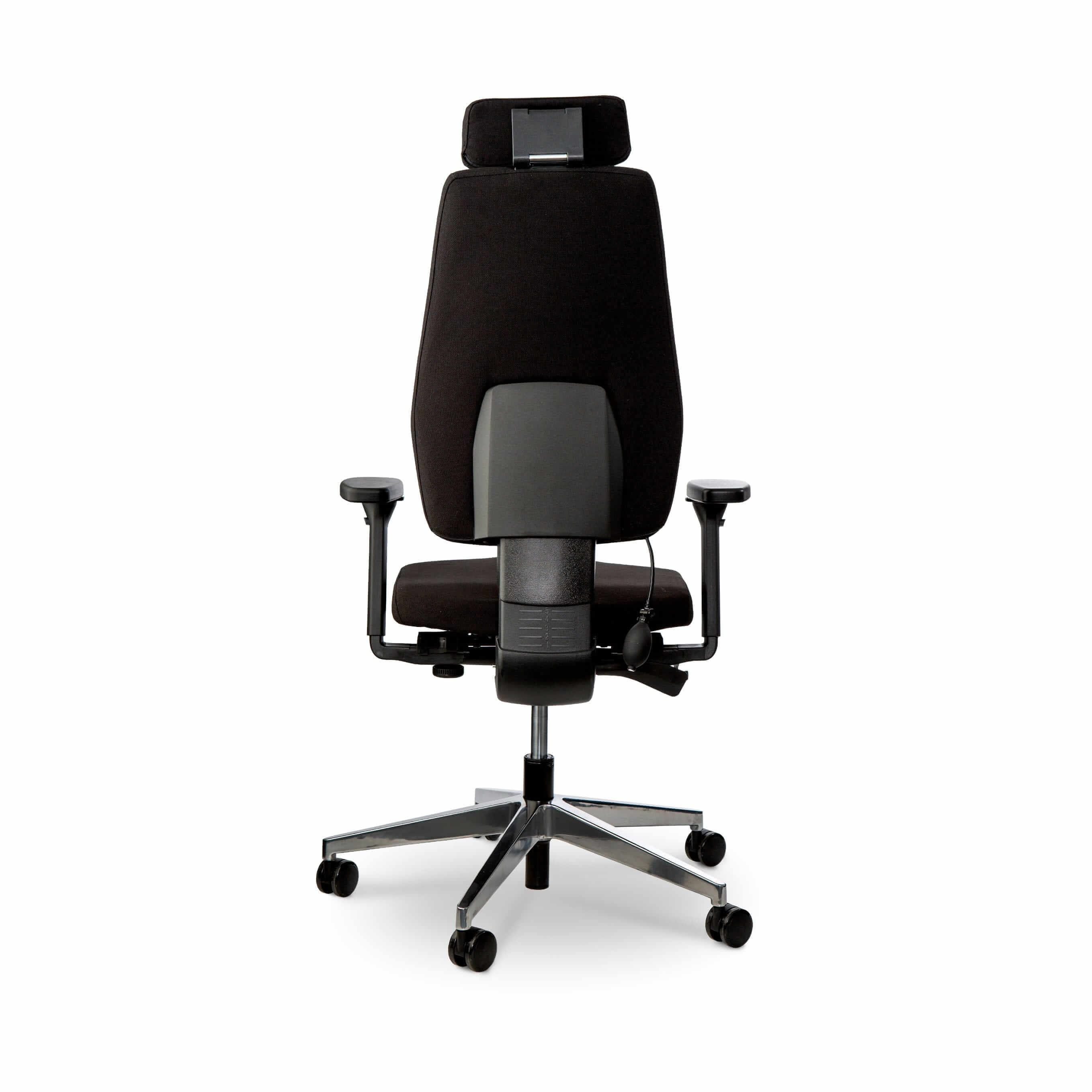 Black Joonatan office chair with ergonomic design, adjustable armrests, and lumbar support, viewed from the back.