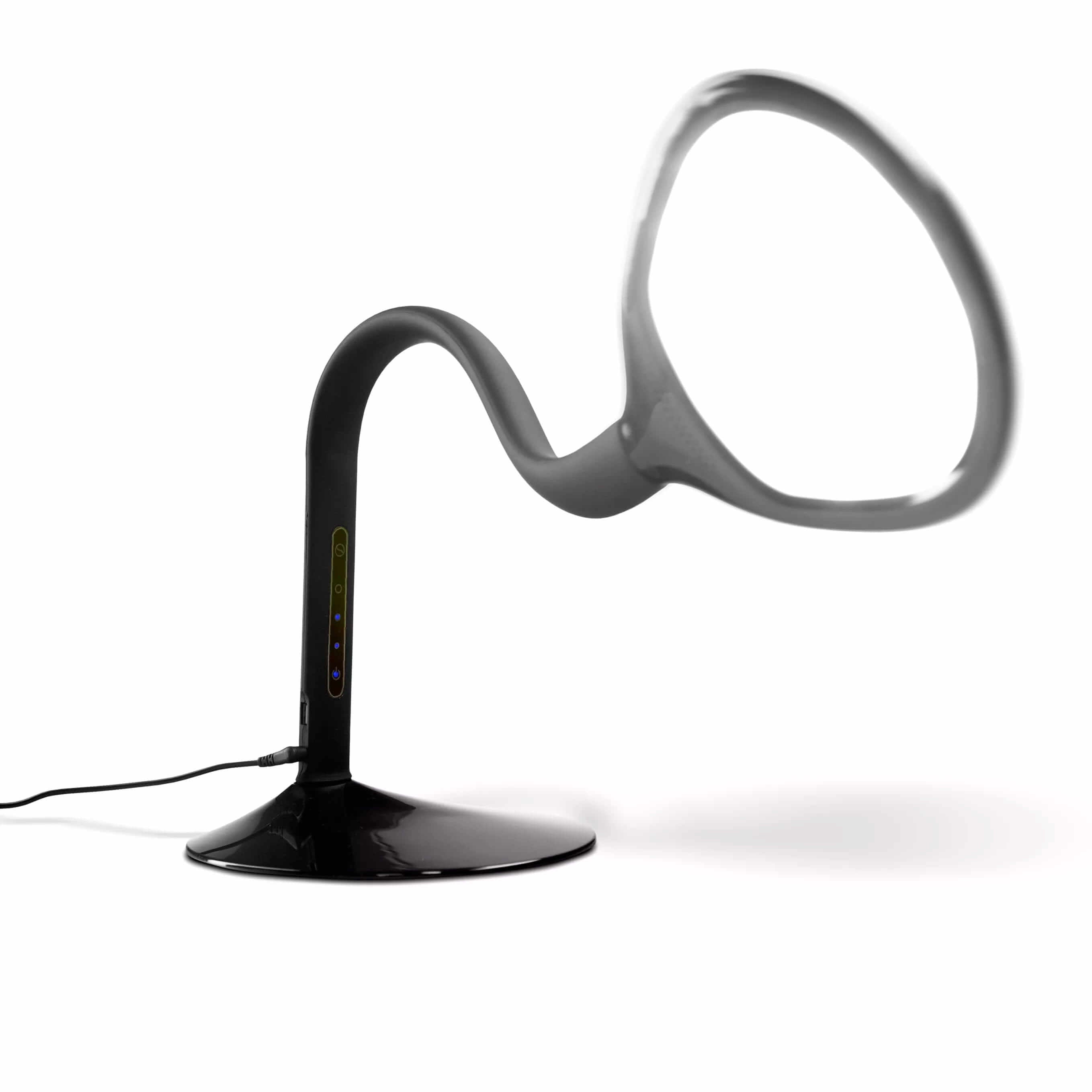 Black ProLite Zynk desk lamp with flexible design and touch controls, offering eco-friendly, glare-free illumination.